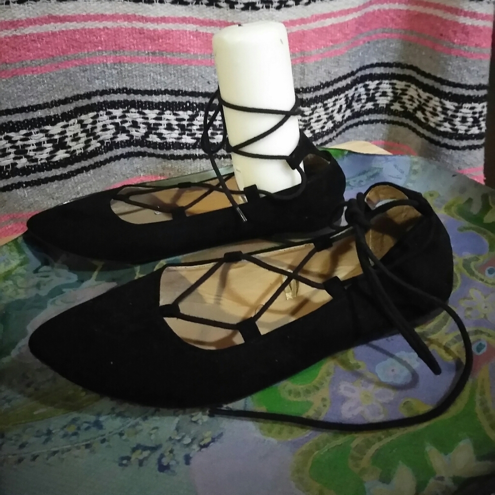 Madden Girl black suede flat with ties.